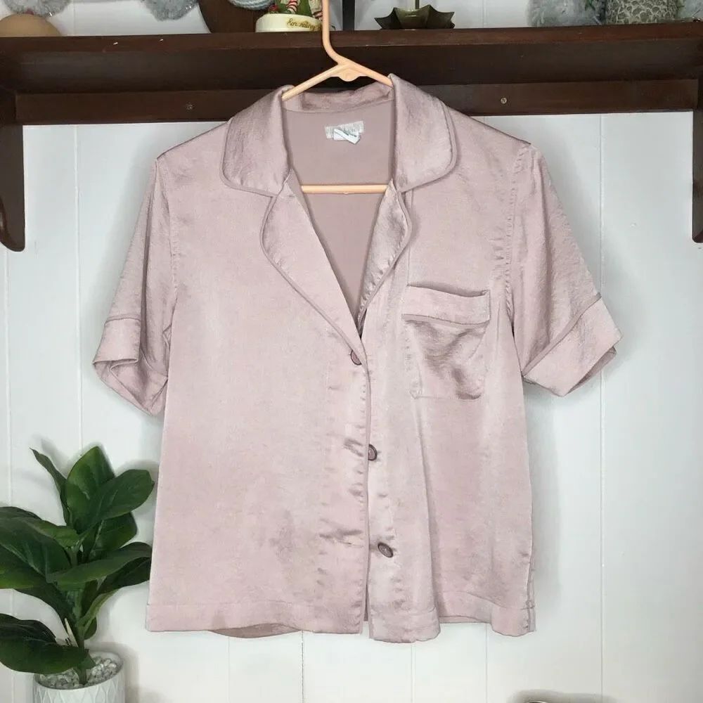 Cooperative Womens Solid Collared Short Sleeve Pajama Top Pink Size Medium